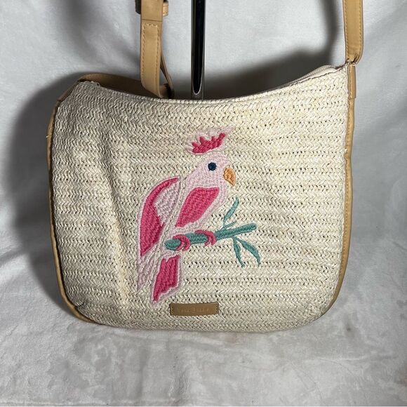 Vera Bradley Tan Straw Crossbody Bag with Pink Parrot Embroidery - Picture 2 of 10